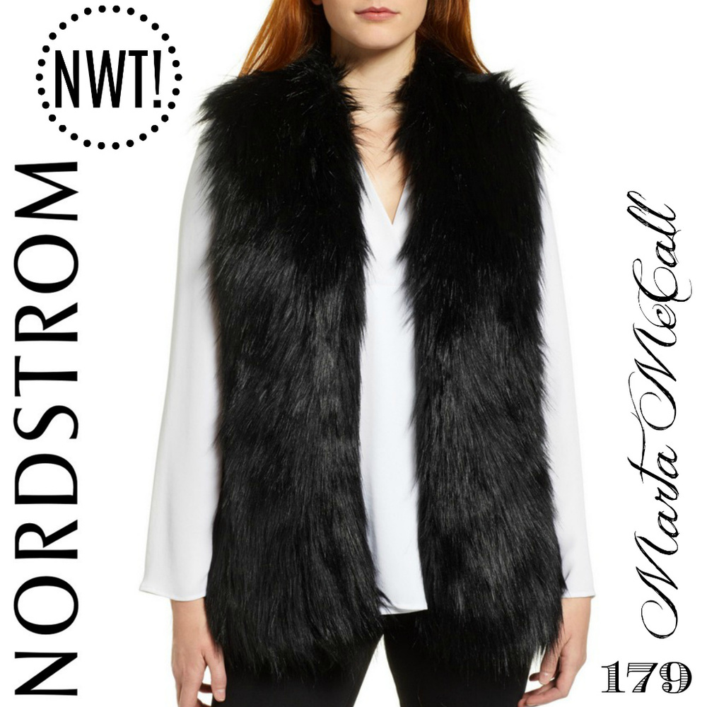 NWT Black Faux Fur Over Lay Open Front Vest Size S